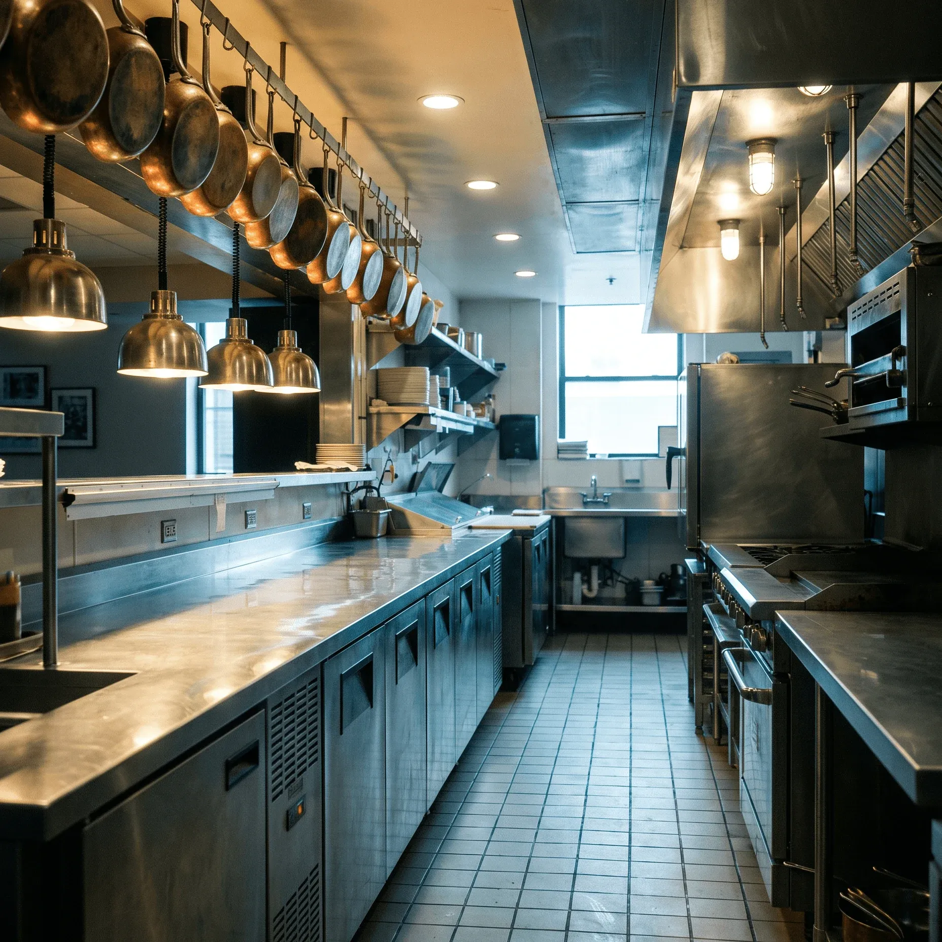 Gastroküche mit Kupferpfannen