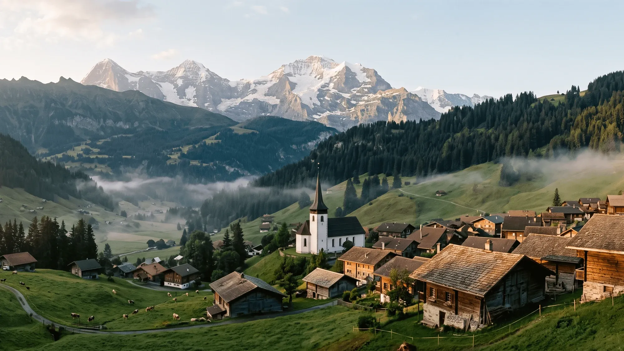 Dorf in den Bergen mit Wiesen