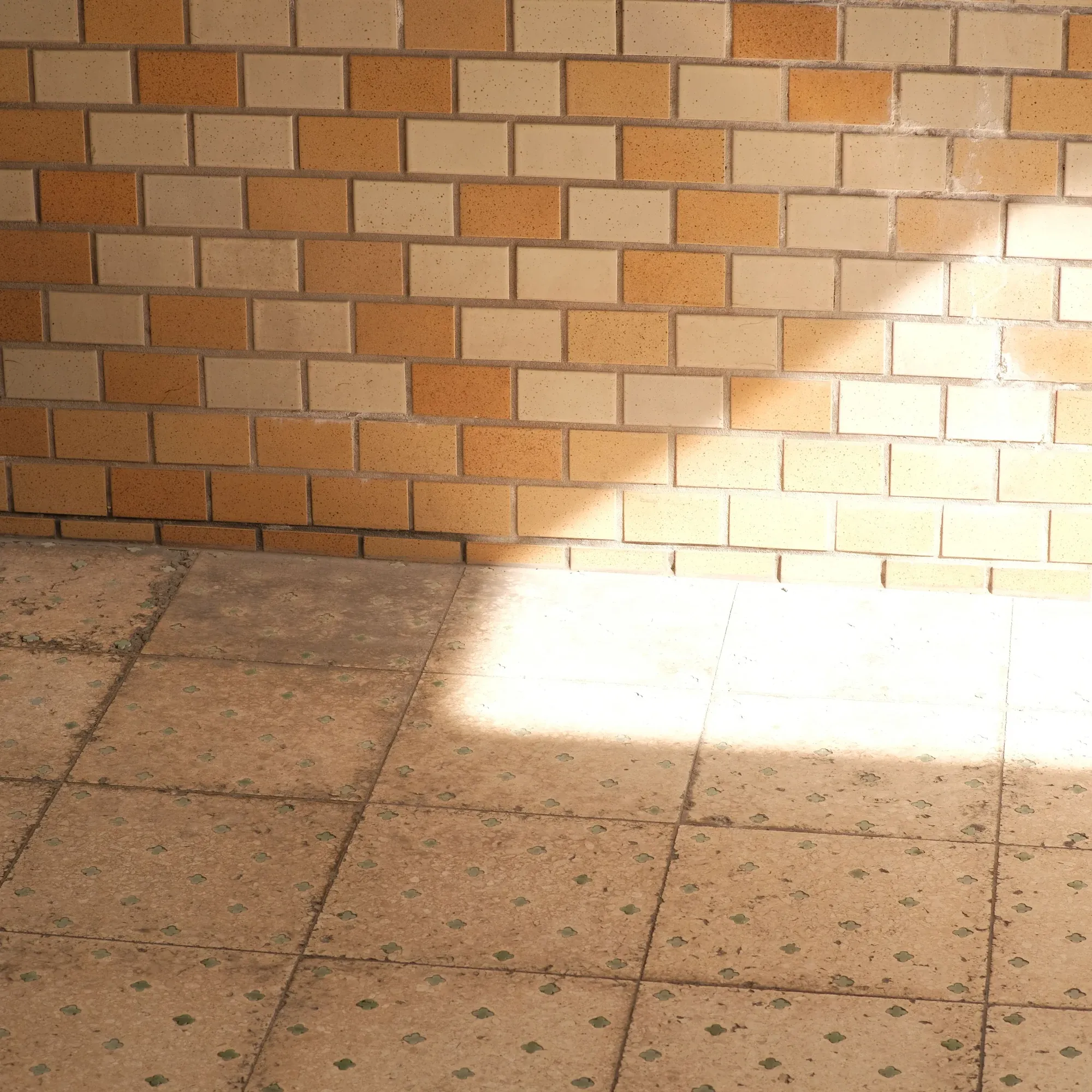 Übergang von Wand zu Fliesenboden mit Lichteinfall